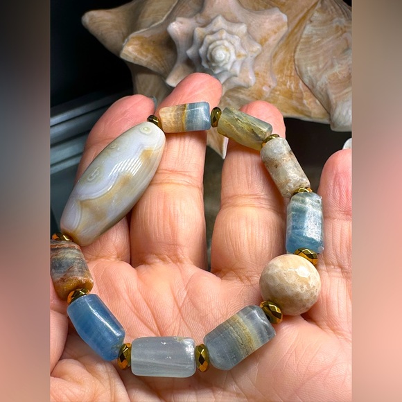 LEMURIAN AQUATINE BARRELS + MUSHROOM JASPER NATURAL STONES BRACELET size 7” - Picture 11 of 12